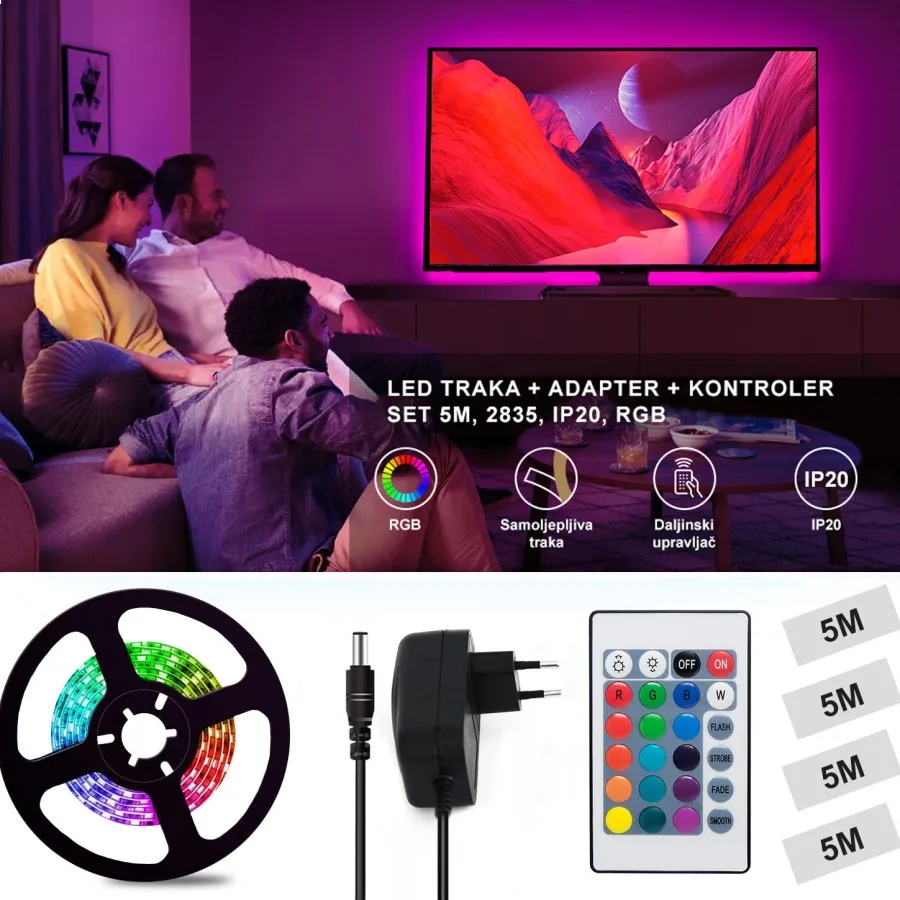 LED traka+adapter+k ontroler - set 5M 2835 IP20 RGB