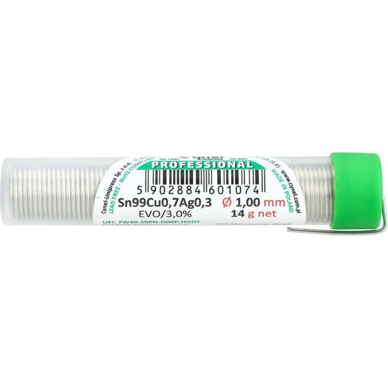 Žica za lemljenje bez olova SN99CU0,7AG0,3, Fluks EVO, 1,0 mm, 14g, bočica