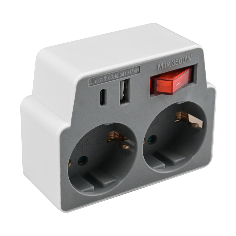Električni razdjelnik s prekidačem, 2 Schuko utičnice, USB A/C, bijelo-sivi